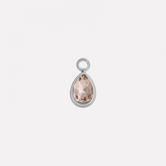 Picture of 2 PCs 304 Stainless Steel Charms Silver Tone Drop Pink Rhinestone 10mm x 5mm