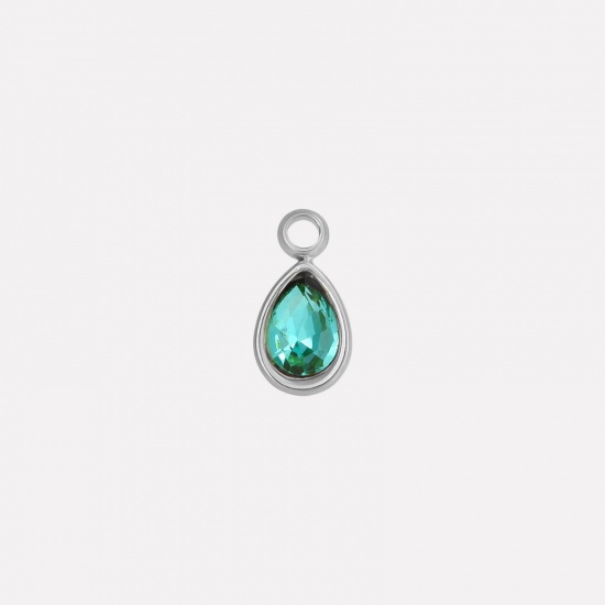 Picture of 2 PCs 304 Stainless Steel Charms Silver Tone Drop Skyblue Rhinestone 10mm x 5mm