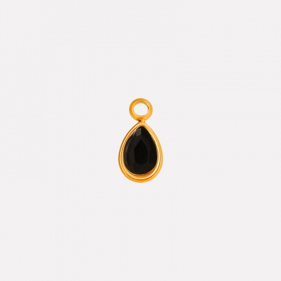 Picture of 2 PCs Eco-friendly PVD Vacuum Plating 304 Stainless Steel Charms 18K Gold Plated Drop Black Rhinestone 10mm x 5mm