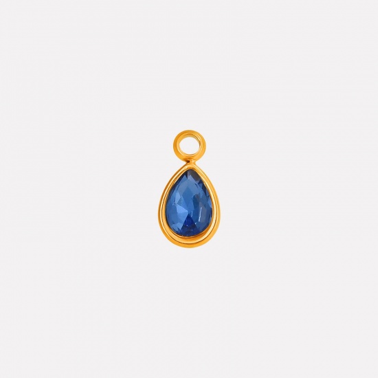Picture of 2 PCs Eco-friendly PVD Vacuum Plating 304 Stainless Steel Charms 18K Gold Plated Drop Dark Blue Rhinestone 10mm x 5mm