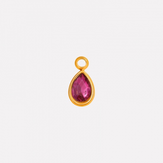 Picture of 2 PCs Eco-friendly PVD Vacuum Plating 304 Stainless Steel Charms 18K Gold Plated Drop Fuchsia Rhinestone 10mm x 5mm