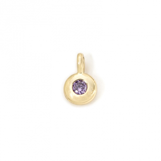 Imagen de 2 Unidades Latón piedra del zodíaco Colgantes Chapado en Oro de 18K Ronda Febrero Púrpura Circón Artificial 8.5mm x 5.5mm