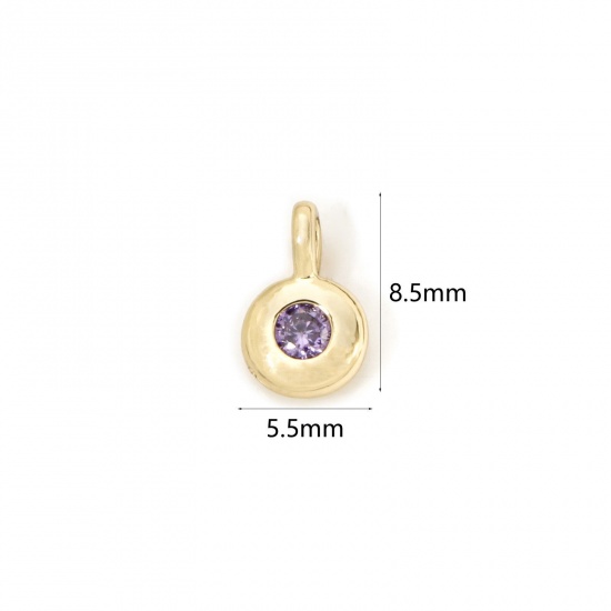 Imagen de 2 Unidades Latón piedra del zodíaco Colgantes Chapado en Oro de 18K Ronda Febrero Púrpura Circón Artificial 8.5mm x 5.5mm