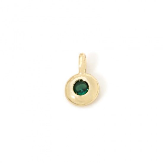 Imagen de 2 Unidades Latón piedra del zodíaco Colgantes Chapado en Oro de 18K Ronda Mayo Verde Circón Artificial 8.5mm x 5.5mm
