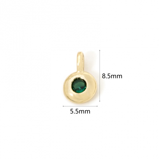 Imagen de 2 Unidades Latón piedra del zodíaco Colgantes Chapado en Oro de 18K Ronda Mayo Verde Circón Artificial 8.5mm x 5.5mm