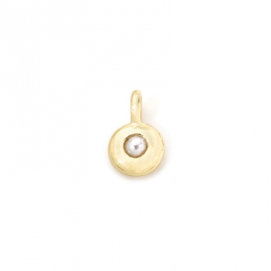 Imagen de 2 Unidades Latón piedra del zodíaco Colgantes Chapado en Oro de 18K Blanco Ronda Junio Imitación de perla 8.5mm x 5.5mm