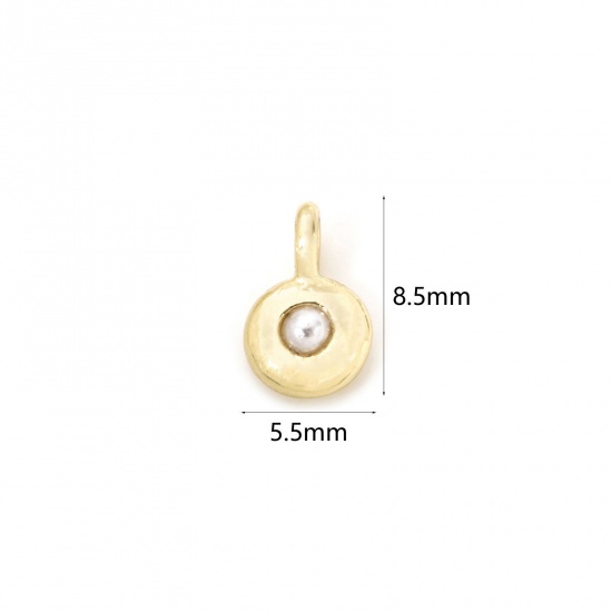 Imagen de 2 Unidades Latón piedra del zodíaco Colgantes Chapado en Oro de 18K Blanco Ronda Junio Imitación de perla 8.5mm x 5.5mm