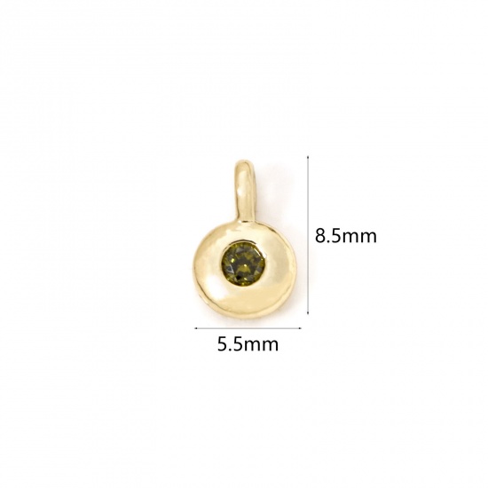 Imagen de 2 Unidades Latón piedra del zodíaco Colgantes Chapado en Oro de 18K Ronda Agosto Verde Olivo Circón Artificial 8.5mm x 5.5mm