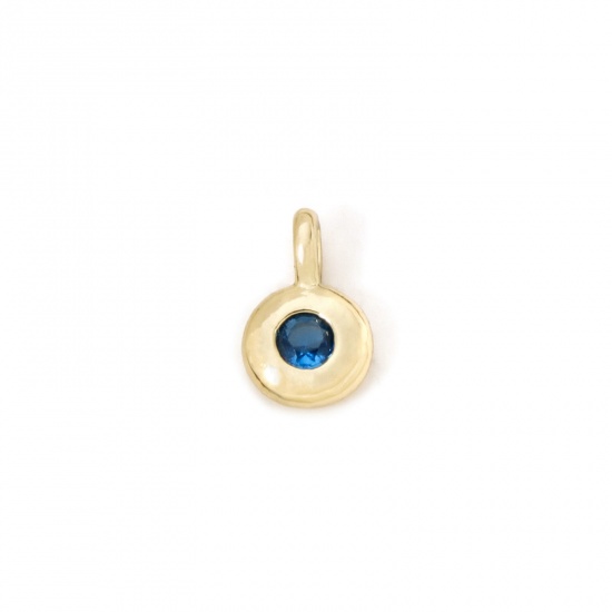 Imagen de 2 Unidades Latón piedra del zodíaco Colgantes Chapado en Oro de 18K Ronda Septiembre Azul Marino Circón Artificial 8.5mm x 5.5mm