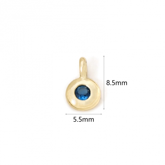 Imagen de 2 Unidades Latón piedra del zodíaco Colgantes Chapado en Oro de 18K Ronda Septiembre Azul Marino Circón Artificial 8.5mm x 5.5mm