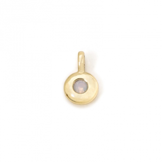 Imagen de 2 Unidades Latón piedra del zodíaco Colgantes Chapado en Oro de 18K AB Multicolor Ronda Octubre Opal Imitación 8.5mm x 5.5mm