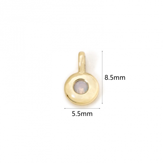 Imagen de 2 Unidades Latón piedra del zodíaco Colgantes Chapado en Oro de 18K AB Multicolor Ronda Octubre Opal Imitación 8.5mm x 5.5mm