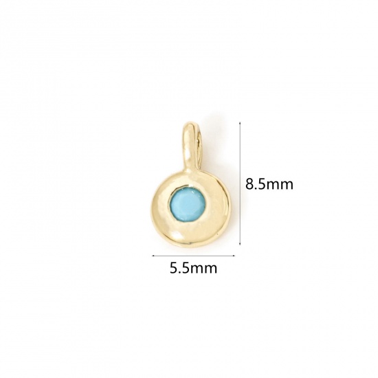Imagen de 2 Unidades Latón piedra del zodíaco Colgantes Chapado en Oro de 18K Ronda Diciembre Azul Circón Artificial 8.5mm x 5.5mm