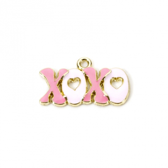 Picture of 20 PCs Zinc Based Alloy Valentine's Day Charms Gold Plated White & Pink Message " Xoxo " Enamel 25mm x 14.5mm