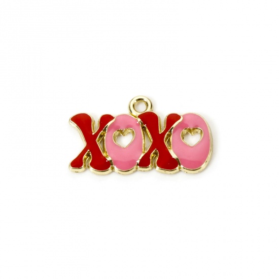 Picture of 20 PCs Zinc Based Alloy Valentine's Day Charms Gold Plated Red & Pink Message " Xoxo " Enamel 25mm x 14.5mm