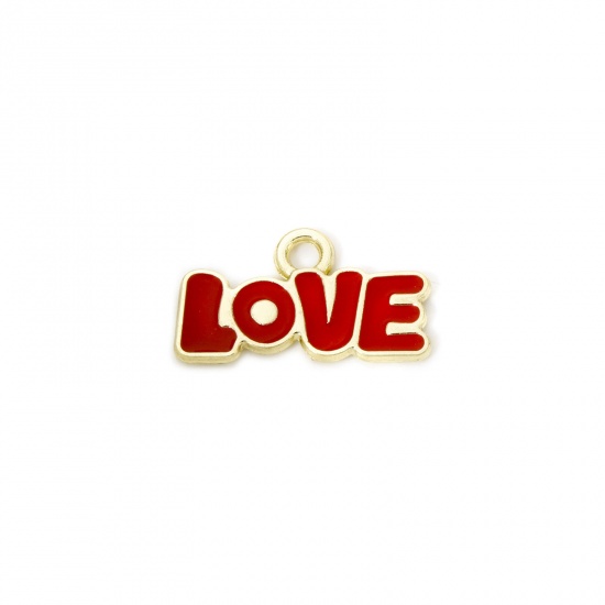 Picture of 20 PCs Zinc Based Alloy Valentine's Day Charms Gold Plated Red Message " LOVE " Enamel 20mm x 11.5mm