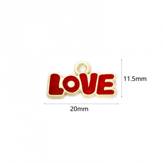 Picture of 20 PCs Zinc Based Alloy Valentine's Day Charms Gold Plated Red Message " LOVE " Enamel 20mm x 11.5mm