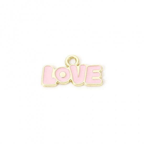 Picture of 20 PCs Zinc Based Alloy Valentine's Day Charms Gold Plated Pink Message " LOVE " Enamel 20mm x 11.5mm