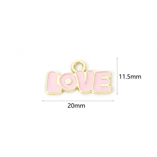 Picture of 20 PCs Zinc Based Alloy Valentine's Day Charms Gold Plated Pink Message " LOVE " Enamel 20mm x 11.5mm