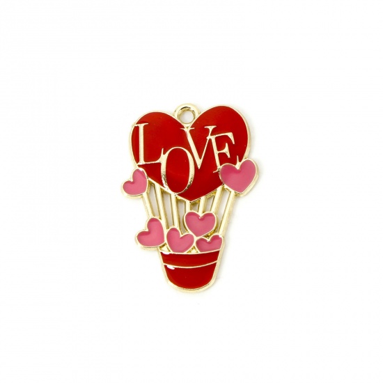 Picture of 20 PCs Zinc Based Alloy Valentine's Day Pendants Gold Plated Red Balloon Message " LOVE " Enamel 3cm x 2.1cm