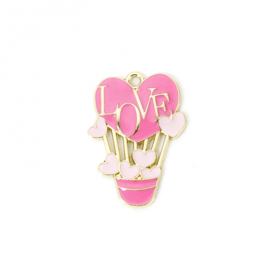 Picture of 20 PCs Zinc Based Alloy Valentine's Day Pendants Gold Plated Pink Balloon Message " LOVE " Enamel 3cm x 2.1cm