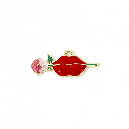 Picture of 20 PCs Zinc Based Alloy Valentine's Day Pendants Gold Plated Red Lip Rose Flower Enamel 3cm x 1.3cm