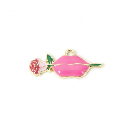 Picture of 20 PCs Zinc Based Alloy Valentine's Day Pendants Gold Plated Pink Lip Rose Flower Enamel 3cm x 1.3cm