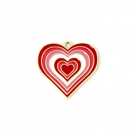 Picture of 10 PCs Zinc Based Alloy Valentine's Day Charms Gold Plated Red Heart Enamel 29mm x 28mm