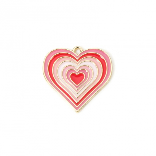 Picture of 10 PCs Zinc Based Alloy Valentine's Day Charms Gold Plated Pink Heart Enamel 29mm x 28mm