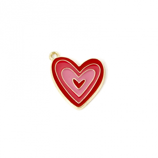 Picture of 10 PCs Zinc Based Alloy Valentine's Day Charms Gold Plated Red Heart Enamel 21mm x 19mm