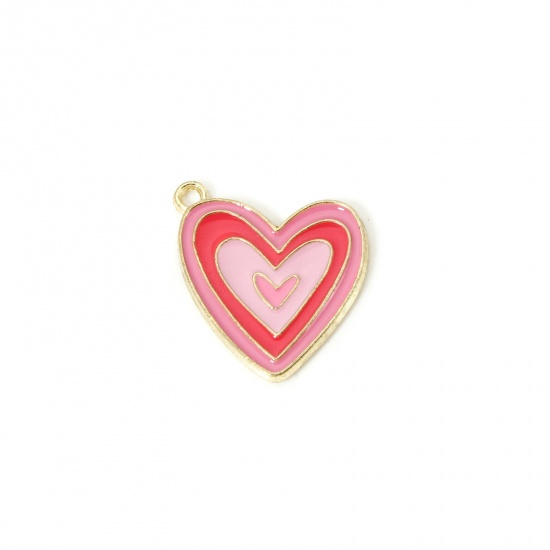 Picture of 10 PCs Zinc Based Alloy Valentine's Day Charms Gold Plated Pink Heart Enamel 21mm x 19mm