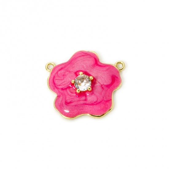 Изображение 1 Piece Eco-friendly Brass Connectors Charms Pendants 18K Real Gold Plated Hot Pink Pearlized Flower Enamel Clear Cubic Zirconia 22mm x 20mm