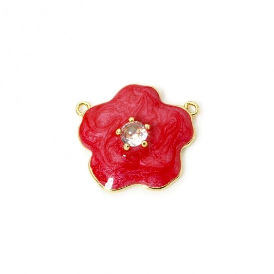 Изображение 1 Piece Eco-friendly Brass Connectors Charms Pendants 18K Real Gold Plated Red Pearlized Flower Enamel Clear Cubic Zirconia 22mm x 20mm