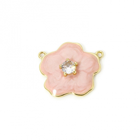 Изображение 1 Piece Eco-friendly Brass Connectors Charms Pendants 18K Real Gold Plated Pink Pearlized Flower Enamel Clear Cubic Zirconia 22mm x 20mm