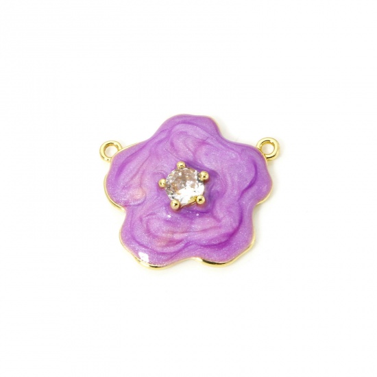 Изображение 1 Piece Eco-friendly Brass Connectors Charms Pendants 18K Real Gold Plated Purple Pearlized Flower Enamel Clear Cubic Zirconia 22mm x 20mm