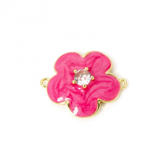 Изображение 1 Piece Eco-friendly Brass Connectors Charms Pendants 18K Real Gold Plated Hot Pink Pearlized Flower Enamel Clear Cubic Zirconia 23.5mm x 19mm