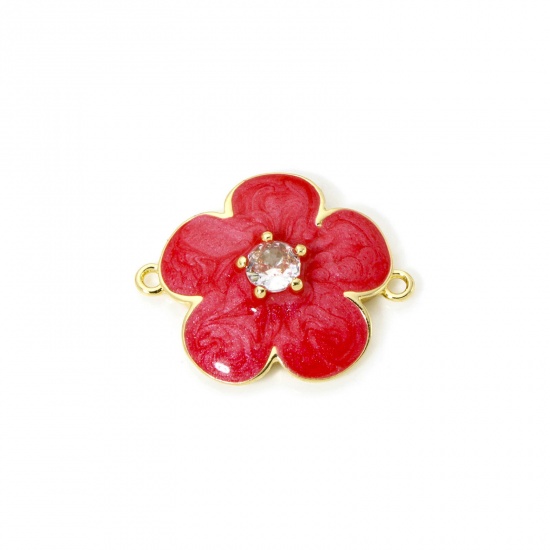 Изображение 1 Piece Eco-friendly Brass Connectors Charms Pendants 18K Real Gold Plated Red Pearlized Flower Enamel Clear Cubic Zirconia 23.5mm x 19mm