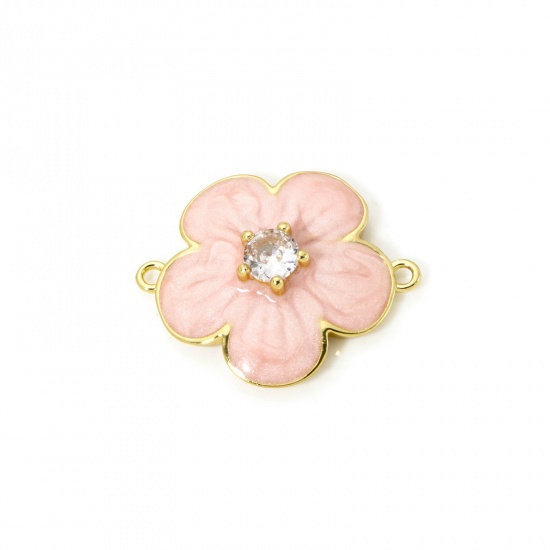 Изображение 1 Piece Eco-friendly Brass Connectors Charms Pendants 18K Real Gold Plated Pink Pearlized Flower Enamel Clear Cubic Zirconia 23.5mm x 19mm