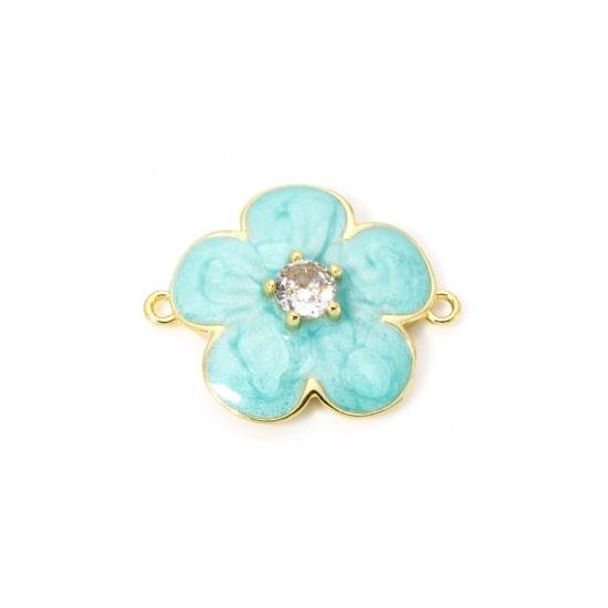 Изображение 1 Piece Eco-friendly Brass Connectors Charms Pendants 18K Real Gold Plated Mint Green Pearlized Flower Enamel Clear Cubic Zirconia 23.5mm x 19mm