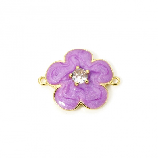 Изображение 1 Piece Eco-friendly Brass Connectors Charms Pendants 18K Real Gold Plated Purple Pearlized Flower Enamel Clear Cubic Zirconia 23.5mm x 19mm