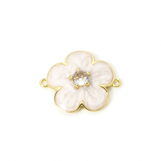 Изображение 1 Piece Eco-friendly Brass Connectors Charms Pendants 18K Real Gold Plated Creamy-White Pearlized Flower Enamel Clear Cubic Zirconia 23.5mm x 19mm