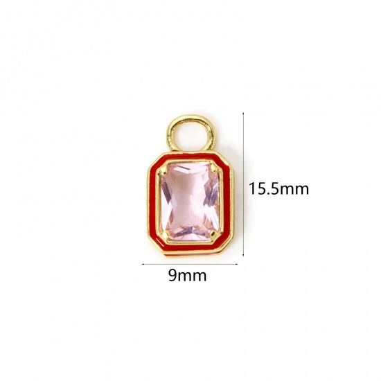 Picture of 2 PCs Eco-friendly Brass Geometric Charms 18K Real Gold Plated Red Octagon Enamel Pink Rhinestone 15.5mm x 9mm