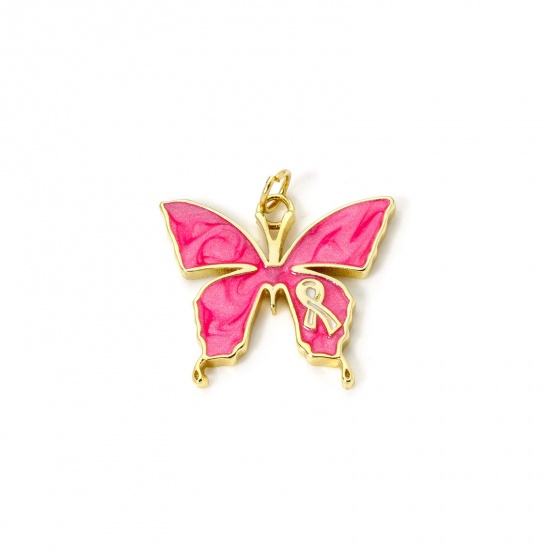 Imagen de 1 Piece Eco-friendly Brass Breast Cancer Awareness Pink Ribbon Theme Charms 18K Real Gold Plated Butterfly Animal Enamel 24mm x 23.5mm