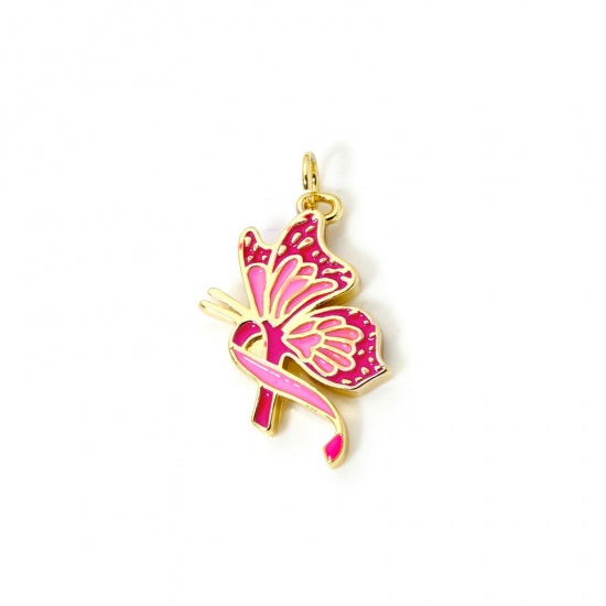 Imagen de 1 Piece Eco-friendly Brass Breast Cancer Awareness Pink Ribbon Theme Charms 18K Real Gold Plated Butterfly Animal Enamel 28mm x 14mm