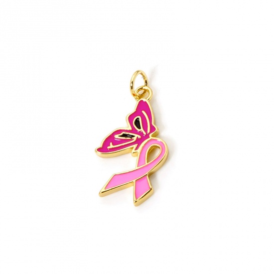 Imagen de 1 Piece Eco-friendly Brass Breast Cancer Awareness Pink Ribbon Theme Charms 18K Real Gold Plated Butterfly Animal Enamel 26mm x 13mm