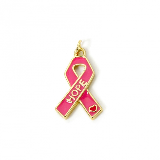 Imagen de 1 Piece Eco-friendly Brass Breast Cancer Awareness Pink Ribbon Theme Charms 18K Real Gold Plated Message " Hope " Enamel 27mm x 15mm