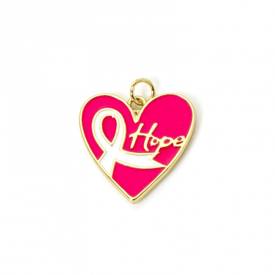 Imagen de 1 Piece Eco-friendly Brass Breast Cancer Awareness Pink Ribbon Theme Charms 18K Real Gold Plated Heart Message " Hope " Enamel 23mm x 20.5mm