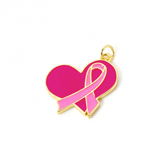 Imagen de 1 Piece Eco-friendly Brass Breast Cancer Awareness Pink Ribbon Theme Charms 18K Real Gold Plated Heart Enamel 24mm x 22mm