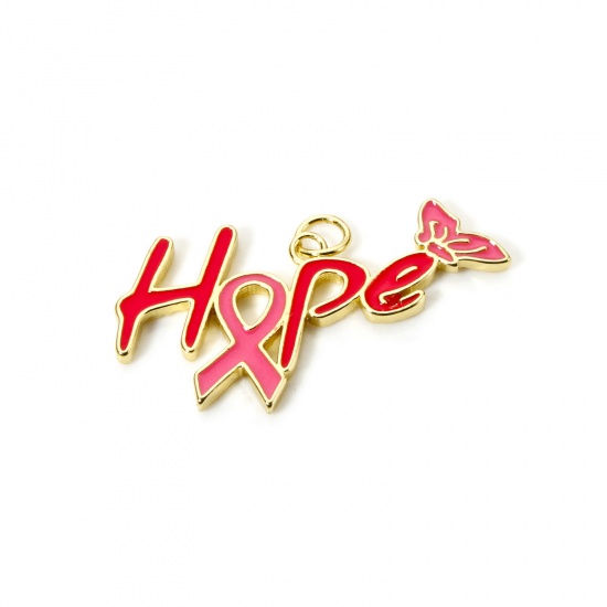 Imagen de 1 Piece Eco-friendly Brass Breast Cancer Awareness Pink Ribbon Theme Charms 18K Real Gold Plated Butterfly Animal Message " Hope " Enamel 3.3cm x 2cm