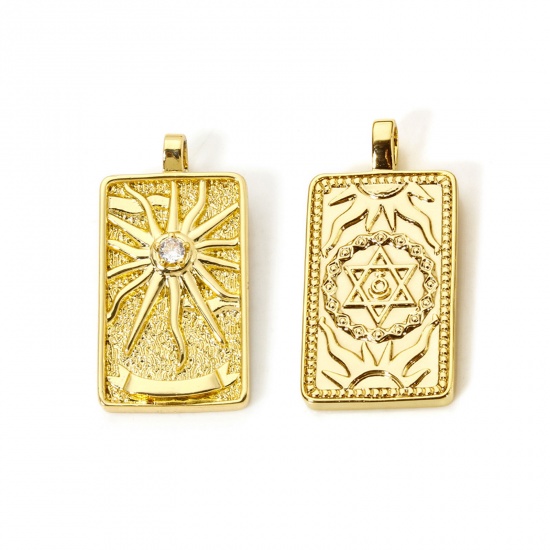 Imagen de 1 Piece Eco-friendly Brass Tarot Pendants 18K Real Gold Plated Rectangle Sun Double Sided 3cm x 1.5cm